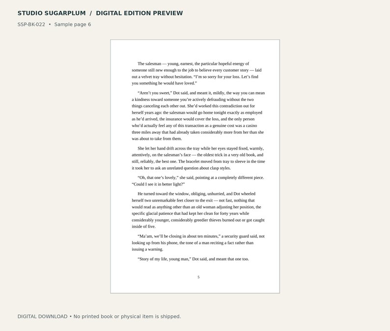 Puede incluir: Una vista previa de edici&oacute;n digital de una p&aacute;gina de libro de Studio Sugarplum, etiquetada como SSP-BK-022 y p&aacute;gina de muestra 6. El texto presenta un pasaje narrativo sobre un vendedor y una clienta llamada Dot en una joyer&iacute;a, en tinta negra.