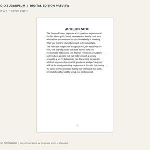 May include: A digital book preview page titled AUTHOR'S NOTE from Studio Sugarplum. The text discusses a supernatural thriller set in Los Angeles, mentioning guilt, blood, resurrection, and family. The page includes the identifier SSP-BK-027 and page number 5.