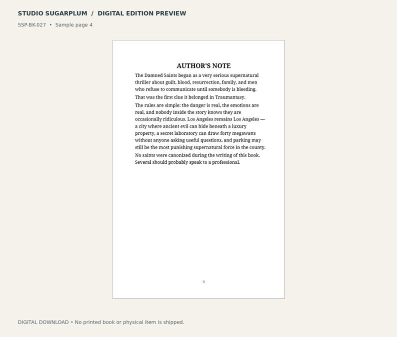 May include: A digital book preview page titled AUTHOR'S NOTE from Studio Sugarplum. The text discusses a supernatural thriller set in Los Angeles, mentioning guilt, blood, resurrection, and family. The page includes the identifier SSP-BK-027 and page number 5.