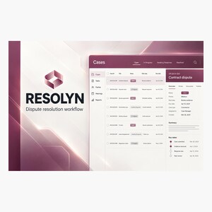 May include: A digital interface for Resolyn dispute resolution workflow software. The screen displays a list of cases, including DR-2024-001 Contract dispute, with status, next steps, and due dates in a dark purple and white color scheme.