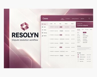 May include: A digital interface for Resolyn dispute resolution workflow software. The screen displays a list of cases, including DR-2024-001 Contract dispute, with status, next steps, and due dates in a dark purple and white color scheme.