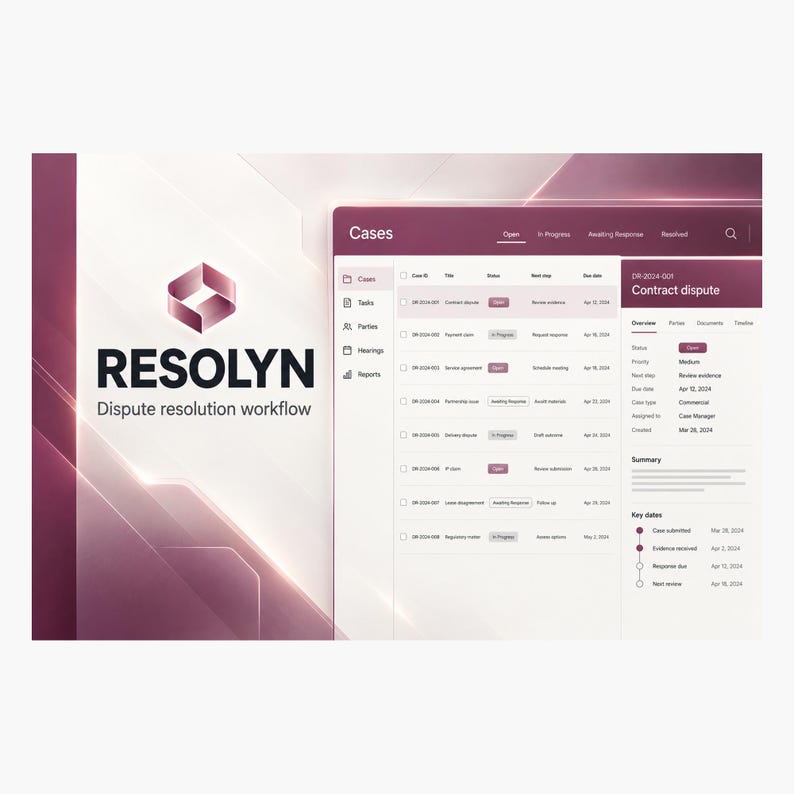 May include: A digital interface for Resolyn dispute resolution workflow software. The screen displays a list of cases, including DR-2024-001 Contract dispute, with status, next steps, and due dates in a dark purple and white color scheme.