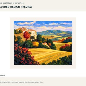 Puede incluir: Una impresi&oacute;n de pintura de paisaje titulada STUDIO SUGARPLUM / SSP-ART-011, que muestra un pueblo en la ladera con edificios blancos, campos de trigo dorados, &aacute;rboles rojos y verdes vibrantes y monta&ntilde;as azules distantes.