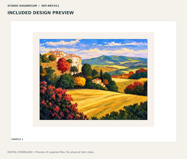 Puede incluir: Una impresi&oacute;n de pintura de paisaje titulada STUDIO SUGARPLUM / SSP-ART-011, que muestra un pueblo en la ladera con edificios blancos, campos de trigo dorados, &aacute;rboles rojos y verdes vibrantes y monta&ntilde;as azules distantes.