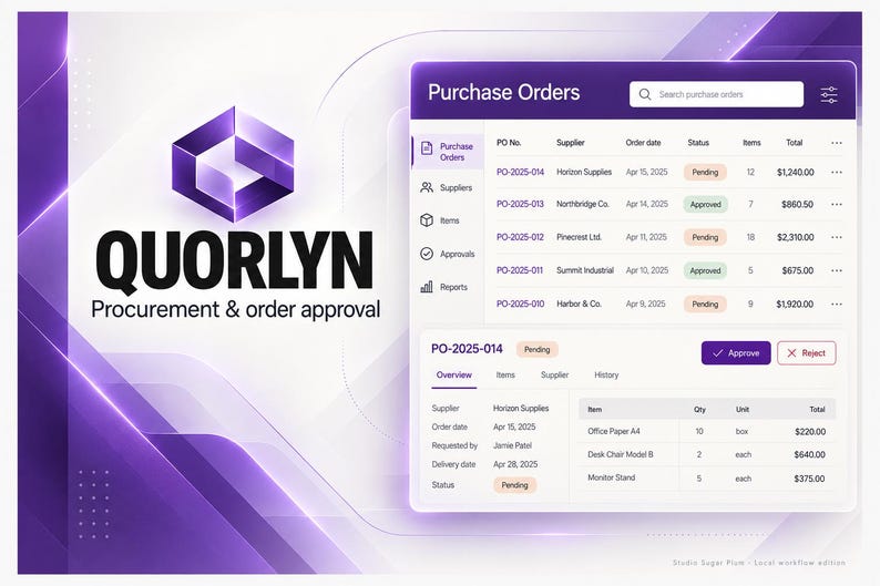Pu&ograve; includere: Un'interfaccia digitale per il software di approvvigionamento e approvazione ordini Quorlyn. Lo schermo mostra una dashboard degli ordini di acquisto con un elenco di ordini in sospeso e approvati, dettagli sui fornitori e costi in viola e bianco.
