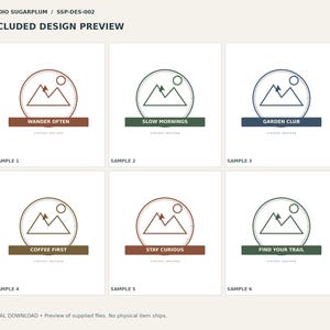 May include: Six circular logo designs featuring a mountain range, a sun, and a pine tree. Each logo includes a colored rectangular banner with text: WANDER OFTEN, SLOW MORNINGS, GARDEN CLUB, COFFEE FIRST, STAY CURIOUS, and FIND YOUR TRAIL.