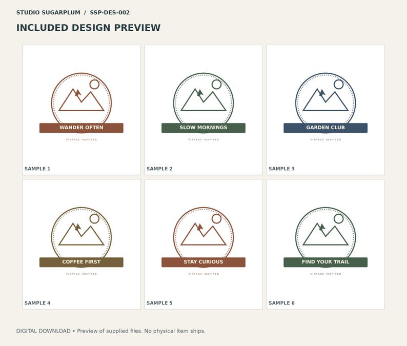 May include: Six circular logo designs featuring a mountain range, a sun, and a pine tree. Each logo includes a colored rectangular banner with text: WANDER OFTEN, SLOW MORNINGS, GARDEN CLUB, COFFEE FIRST, STAY CURIOUS, and FIND YOUR TRAIL.