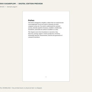 May include: A digital book preview page titled Studio Sugarplum with the heading Preface. The text explains simplifying complex subjects, customer journeys, and AI workflows, followed by a list of chapters including data, pricing, and technology.