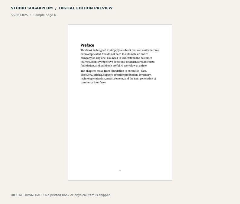 May include: A digital book preview page titled Studio Sugarplum with the heading Preface. The text explains simplifying complex subjects, customer journeys, and AI workflows, followed by a list of chapters including data, pricing, and technology.