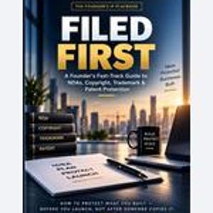 May include: A book titled Filed First by James H. Tate with a subtitle A Founder's Fast-Track Guide to NDAs, Copyright, Trademark & Patent Protection. The cover features a city skyline, a stack of books, a mug, and a notepad with Idea Plan Protect Launch.