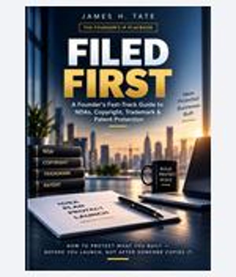 May include: A book titled Filed First by James H. Tate with a subtitle A Founder's Fast-Track Guide to NDAs, Copyright, Trademark & Patent Protection. The cover features a city skyline, a stack of books, a mug, and a notepad with Idea Plan Protect Launch.