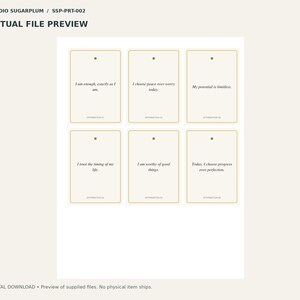 May include: A digital file preview featuring six rectangular tags with rounded corners and gold borders. Each tag contains a small hole at the top and black text: I am enough, exactly as I am; I choose peace over worry today; My potential is limitless; I trust the timing of my life; I am worthy of good things; Today, I choose progress over perfection.