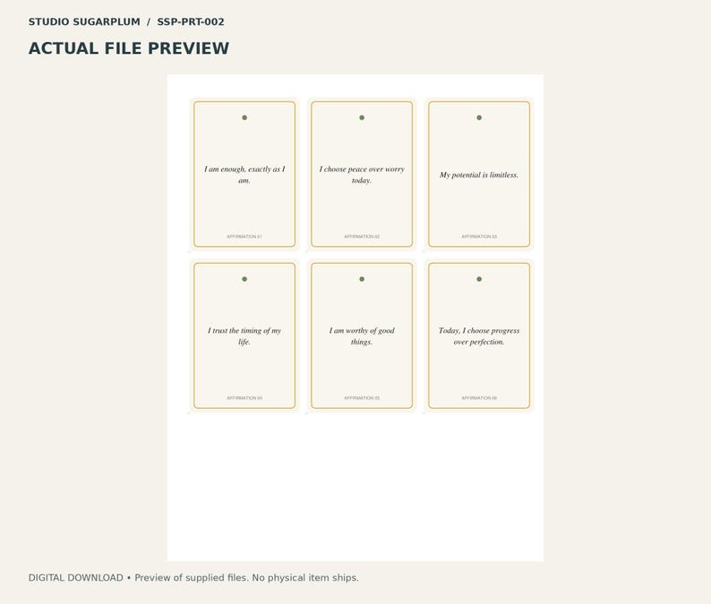 May include: A digital file preview featuring six rectangular tags with rounded corners and gold borders. Each tag contains a small hole at the top and black text: I am enough, exactly as I am; I choose peace over worry today; My potential is limitless; I trust the timing of my life; I am worthy of good things; Today, I choose progress over perfection.