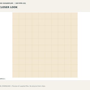 May include: A square grid pattern featuring thin, light brown lines on a pale cream background. The image includes the text STUDIO SUGARPLUM / SSP-PPR-101, A CLOSER LOOK, and SAMPLE 1. This is a digital graphic design element.