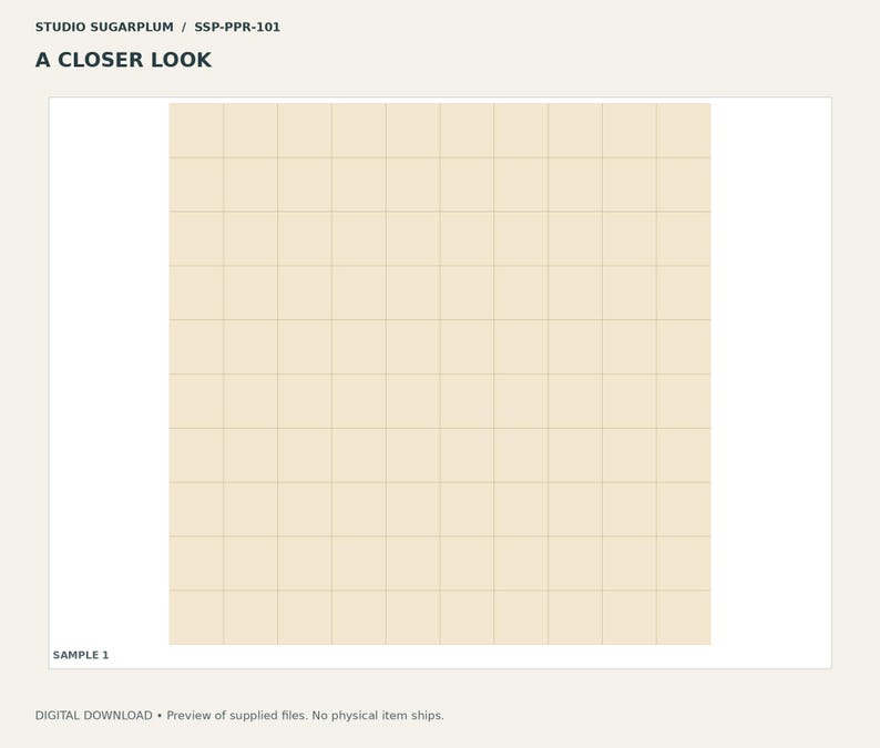May include: A square grid pattern featuring thin, light brown lines on a pale cream background. The image includes the text STUDIO SUGARPLUM / SSP-PPR-101, A CLOSER LOOK, and SAMPLE 1. This is a digital graphic design element.