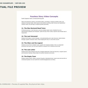 Puede incluir: Un documento digital titulado Faceless Story Video Concepts de Studio Sugarplum. La p&aacute;gina enumera cinco conceptos creativos numerados del 11 al 15, incluyendo The Man Declared Dead Twice, The Last Voicemail, The Hiker and the Legend, The Late Letter y The Empty Town.