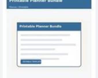 Può includere: Una grafica digitale con il testo Printable Planner Bundle in una barra di intestazione blu. Sotto, una scheda rettangolare bianca mostra lo stesso titolo, diverse linee orizzontali grigie e un pulsante blu con scritto DOWNLOAD.