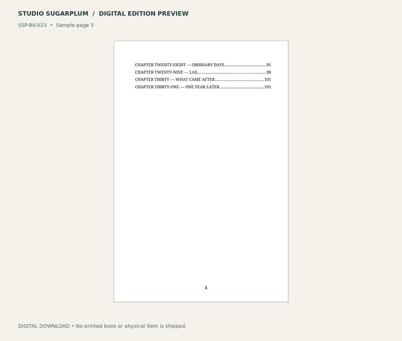 May include: A digital book preview page titled STUDIO SUGARPLUM with the text SSP-BK-023 and Sample page 5. The page lists chapters: TWENTY-EIGHT, TWENTY-NINE, THIRTY, and THIRTY-ONE with corresponding page numbers 95, 98, 101, and 105.