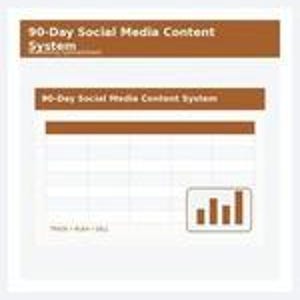 May include: A document titled 90-Day Social Media Content System featuring a brown header, a grid table for planning, and a small bar chart icon in the bottom right corner. The text TRACK | PLAN | SELL is printed in the lower left section of the page.