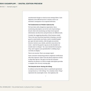 May include: A digital preview page from Studio Sugarplum titled SSP-BK-016, sample page 8. The text discusses cybersecurity, specifically the fundamental lie of modern monitoring and the enterprise secret of moving left of bang.