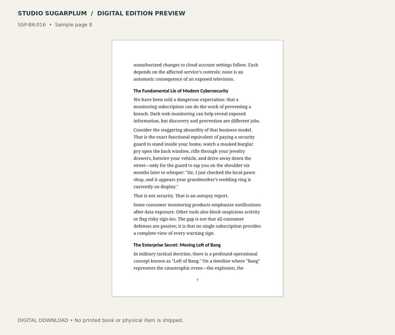 May include: A digital preview page from Studio Sugarplum titled SSP-BK-016, sample page 8. The text discusses cybersecurity, specifically the fundamental lie of modern monitoring and the enterprise secret of moving left of bang.