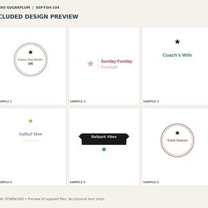 May include: A digital design preview sheet titled Studio Sugarplum SSP-TSH-104 featuring six graphic samples. Designs include text like Game Day Mode: ON, Sunday Funday Football, Coach's Wife, Softball Mom, Ballpark Vibes, and Track Season.