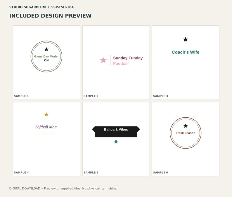 May include: A digital design preview sheet titled Studio Sugarplum SSP-TSH-104 featuring six graphic samples. Designs include text like Game Day Mode: ON, Sunday Funday Football, Coach's Wife, Softball Mom, Ballpark Vibes, and Track Season.