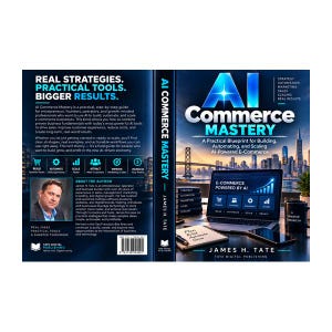 May include: A book titled AI Commerce Mastery by James H. Tate, featuring a dark blue cover with a city skyline, a laptop displaying e-commerce data, and a notebook. The back cover includes author information, a barcode, and text about strategies.