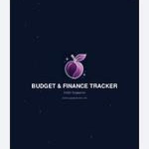 May include: A dark navy blue document cover featuring a central graphic of a stylised purple peach with a leaf and small white stars. The text reads BUDGET & FINANCE TRACKER in white capital letters, with smaller text below it in a lighter font.