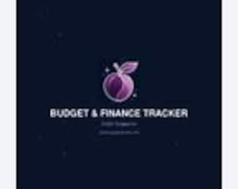 May include: A dark navy blue document cover featuring a central graphic of a stylised purple peach with a leaf and small white stars. The text reads BUDGET & FINANCE TRACKER in white capital letters, with smaller text below it in a lighter font.