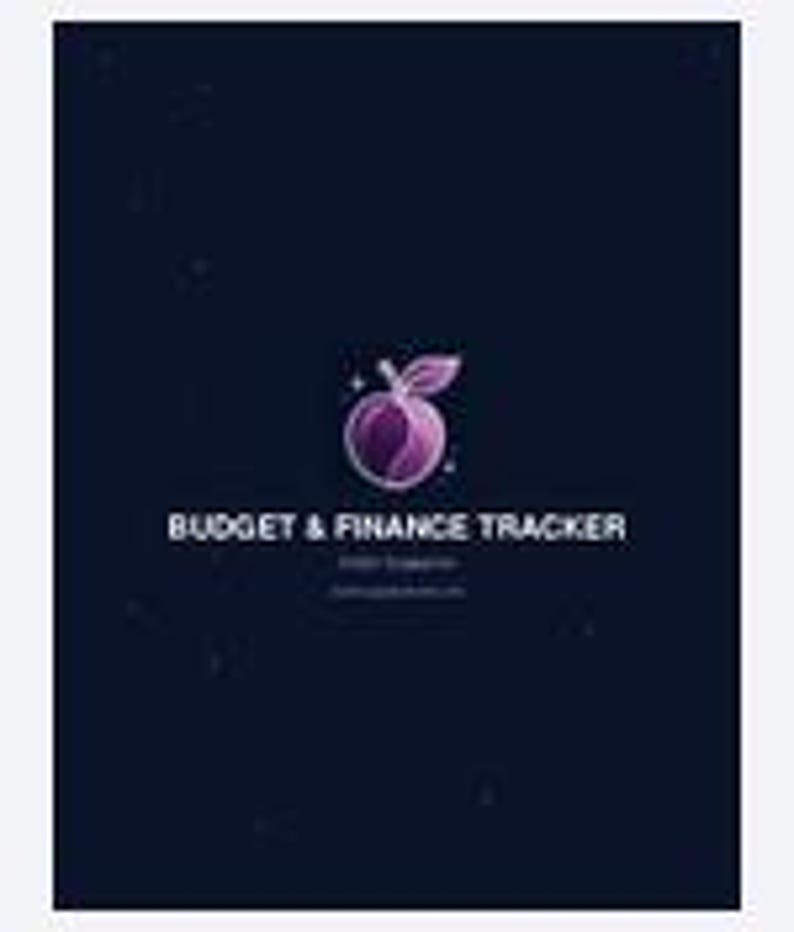 May include: A dark navy blue digital cover page featuring a stylized purple peach icon with small white stars. The text reads BUDGET & FINANCE TRACKER in white capital letters, followed by smaller text that is blurry and illegible.