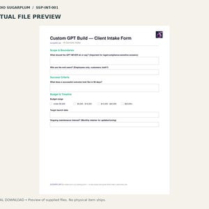 Puede incluir: Un formulario digital blanco de admisi&oacute;n de clientes titulado Custom GPT Build con secciones para Scope and Boundaries, Success Criteria y Budget and Timeline. El documento incluye campos de texto, casillas de verificaci&oacute;n para presupuestos y un peque&ntilde;o logo de ciruela.