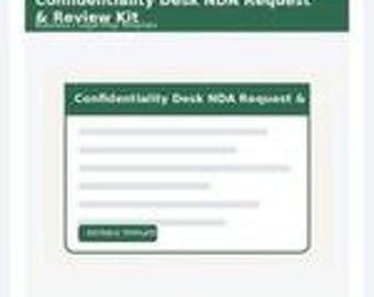 Może przedstawiać: Cyfrowy szablon zatytułowany Confidentiality Desk NDA Request & Review Kit z ciemnozielonym nagłówkiem i białym korpusem zawierającym linie tekstu zastępczego oraz ciemnozielony przycisk z etykietą Review Status do zarządzania dokumentami.