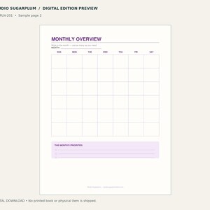 May include: A digital monthly planner page titled MONTHLY OVERVIEW with a blank calendar grid for Sunday through Saturday. Below the grid is a light purple section labeled THIS MONTH'S PRIORITIES with three blank lines for writing tasks.