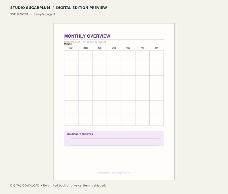 May include: A digital monthly planner page titled MONTHLY OVERVIEW with a blank calendar grid for Sunday through Saturday. Below the grid is a light purple section labeled THIS MONTH'S PRIORITIES with three blank lines for writing tasks.