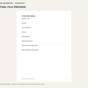 May include: A white digital document titled Product Idea Validator featuring black text and horizontal lines for input. The form includes fields for Customer or user, Pain point, Current workaround, Why now, Proposed product, Smallest testable version, Evidence that would change the plan, and What is deliberately not being claimed.