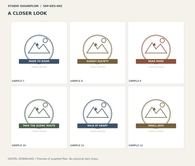 May include: A digital design sheet titled A Closer Look by Studio Sugarplum featuring six circular mountain logos. Each logo includes a sun, a mountain range, and text banners reading Made to Roam, Sunset Society, Read More, Take the Scenic Route, Wild at Heart, and Small Joys.