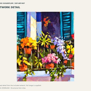 Pode incluir: Uma pintura impressionista intitulada STUDIO SUGARPLUM / SSP-ART-007 mostrando uma varanda com flores em vasos de cores vibrantes em laranja, rosa e roxo. A cena apresenta persianas azul-escuras e folhagem verde.