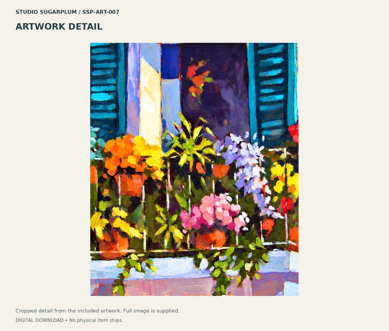 Pode incluir: Uma pintura impressionista intitulada STUDIO SUGARPLUM / SSP-ART-007 mostrando uma varanda com flores em vasos de cores vibrantes em laranja, rosa e roxo. A cena apresenta persianas azul-escuras e folhagem verde.