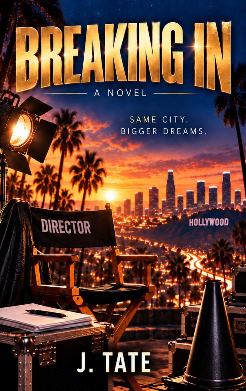 May include: A book cover titled Breaking In by J. Tate featuring a director's chair, a film light, and a megaphone against a sunset Los Angeles skyline. The text reads Breaking In, A Novel, Same City. Bigger Dreams., Hollywood, and J. Tate.