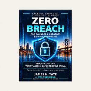 May include: A book cover titled Zero Breach: A Practical Pre-Incident Cybersecurity Playbook for Founders, Creators & Small Businesses by James H. Tate. The design features a glowing blue padlock icon, a city skyline, and a bridge.