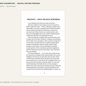 May include: A digital book page preview titled STUDIO SUGARPLUM, featuring a prologue titled WHAT THE RELIC REMEMBERS. The text is printed in black on a white background, with the page number 4 centered at the bottom of the document.