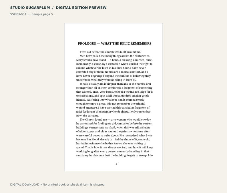 May include: A digital book page preview titled STUDIO SUGARPLUM, featuring a prologue titled WHAT THE RELIC REMEMBERS. The text is printed in black on a white background, with the page number 4 centered at the bottom of the document.