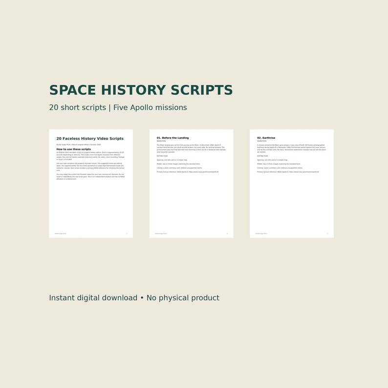 May include: A digital document titled SPACE HISTORY SCRIPTS containing 20 short scripts for five Apollo missions. The pages display text including How to use these scripts, 01. Before the Landing, and 02. Earthrise. The document is a digital download.
