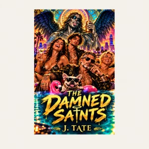 May include: A book cover titled The Damned Saints by J. Tate featuring a group of people in a pool with a French bulldog wearing sunglasses, a pink flamingo float, and a large winged figure in the background against a city skyline.