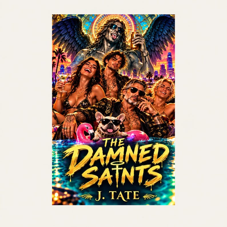 May include: A book cover titled The Damned Saints by J. Tate featuring a group of people in a pool with a French bulldog wearing sunglasses, a pink flamingo float, and a large winged figure in the background against a city skyline.