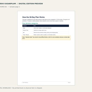 Może przedstawiać: Dokument cyfrowy zatytułowany Studio Sugarplum Digital Edition Preview, strona przykładowa 2. Przedstawia 30-dniowy plan z tabelą o nazwie Four decision categories, zawierającą zasady dla Keep, Donate/Give, Sell oraz Trash/Recycle.