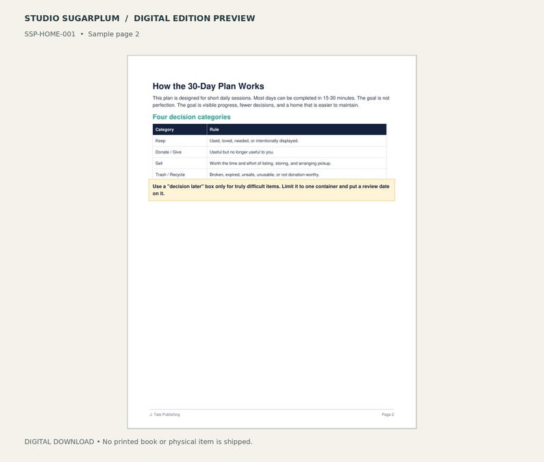 Może przedstawiać: Dokument cyfrowy zatytułowany Studio Sugarplum Digital Edition Preview, strona przykładowa 2. Przedstawia 30-dniowy plan z tabelą o nazwie Four decision categories, zawierającą zasady dla Keep, Donate/Give, Sell oraz Trash/Recycle.