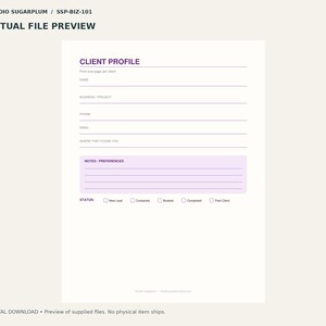 May include: A white client profile form with purple text and accents. The document includes fields for name, business, phone, email, and referral source, a section for notes and preferences, and a status checklist for tracking client progress.