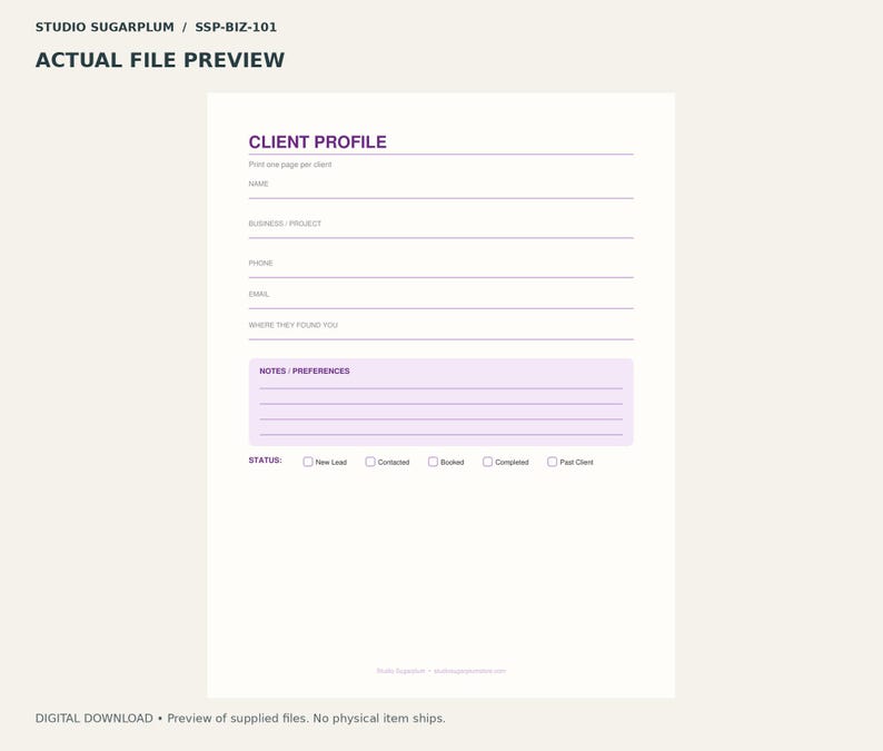May include: A white client profile form with purple text and accents. The document includes fields for name, business, phone, email, and referral source, a section for notes and preferences, and a status checklist for tracking client progress.